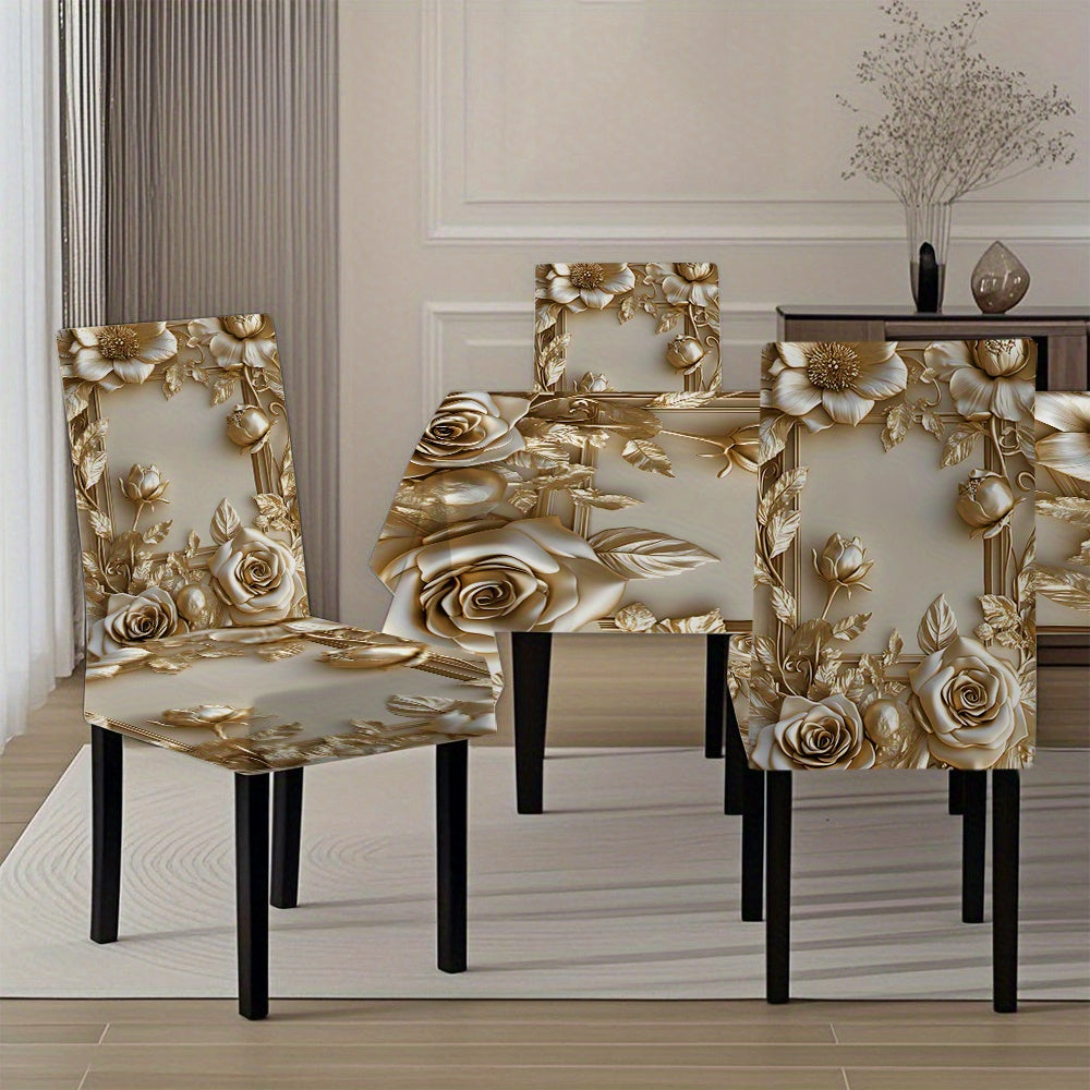 5pcs/ 7pcs Luxury Golden Flower Pattern Tablecloth And Chair Cover Set, 5pcs (1 Tablecloth 4 Chair Covers), 7pcs (1 Tablecloth 6 Chair Covers), Non-Slip Tablecloth Chair Cover, Suitable for Family Gatherings, Holiday Table An