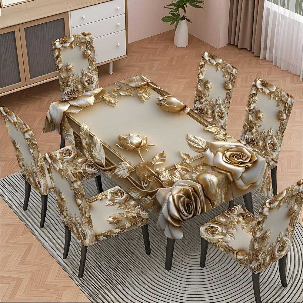 5pcs/ 7pcs Luxury Golden Flower Pattern Tablecloth And Chair Cover Set, 5pcs (1 Tablecloth 4 Chair Covers), 7pcs (1 Tablecloth 6 Chair Covers), Non-Slip Tablecloth Chair Cover, Suitable for Family Gatherings, Holiday Table An