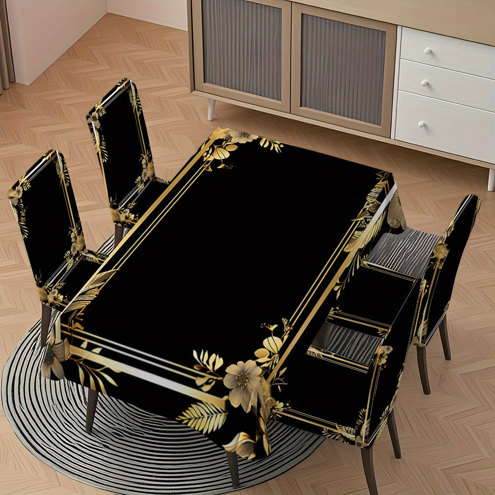 5pcs/ 7pcs Black Background Golden Frame Pattern Tablecloth And Chair Cover Set, 5pieces (1Tablecloth 4Chair Covers), 7pieces (1Tablecloth 6Chair Covers), Non-Slip Tablecloth Chair Cover, Suitable for Family Gatherings, Festi