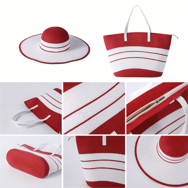 Summer Travel Set: 2pcs Wide Brim Straw Hat And Large Capacity Beach Bag with Zipper Closure, Perfect for Summer Outdoor Adventures, Camping, And Beach Vacation