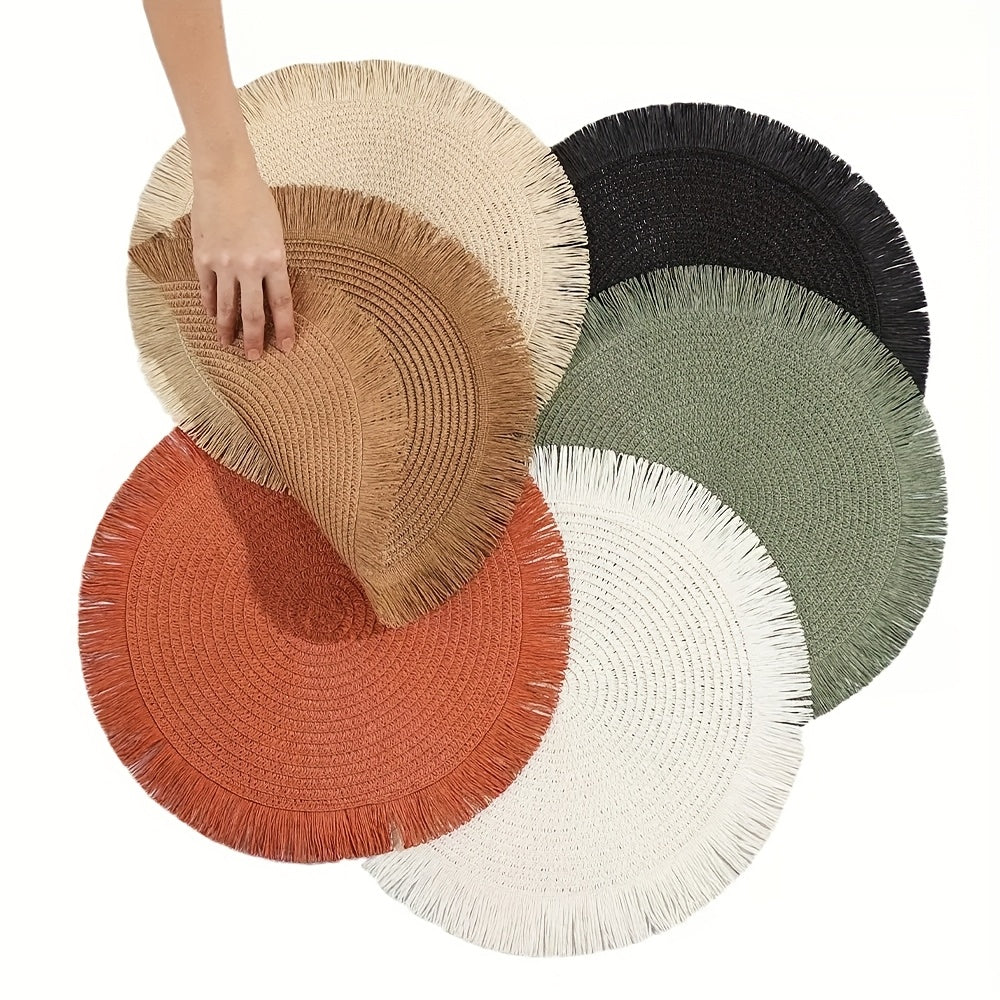 [12pcs Bohemian Linen Placemats]12pcs Bohemian-Style Round Placemats with Tassels, 6 Popular Colors, 15Inch Farmhouse Paper Placemats for Natural Farmhouse Table Family Gatherings Birthdays Party Decor, Heat-Resistant Protect