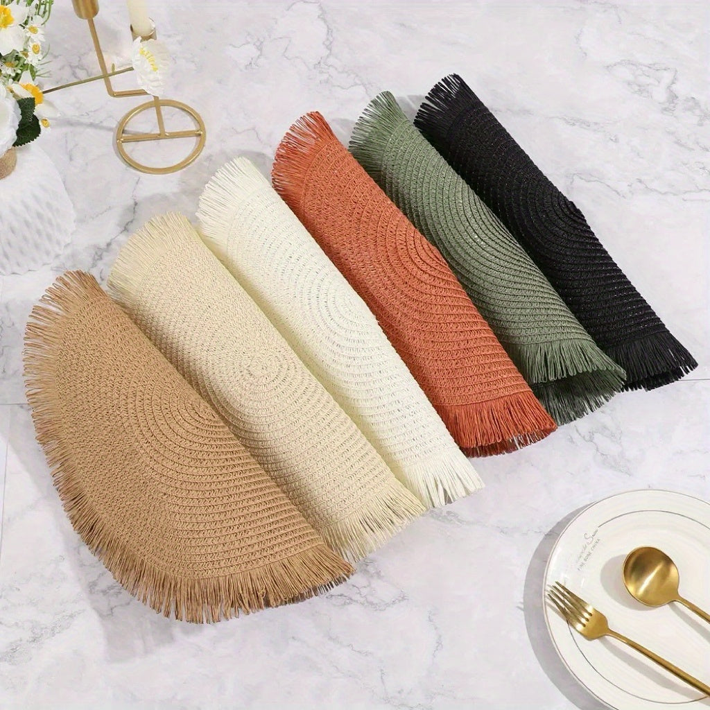 [12pcs Bohemian Linen Placemats]12pcs Bohemian-Style Round Placemats with Tassels, 6 Popular Colors, 15Inch Farmhouse Paper Placemats for Natural Farmhouse Table Family Gatherings Birthdays Party Decor, Heat-Resistant Protect
