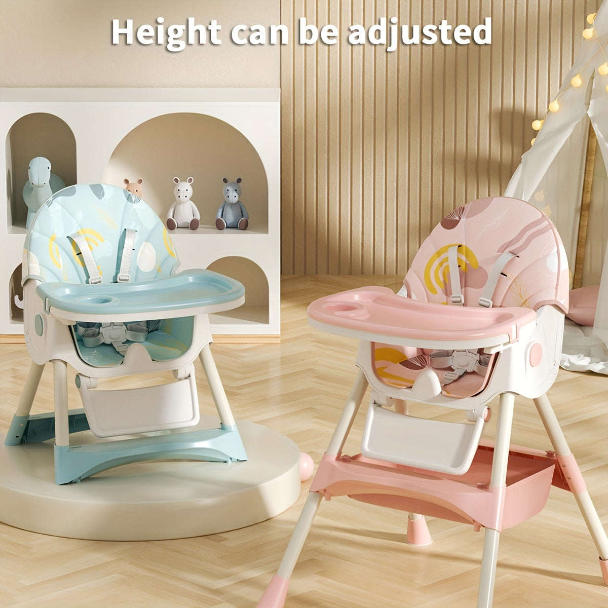 1pc Adjustable Youngsters' Dining Chair - Multi-Functional, Portable, PU Leather, Blue & White Pattern, 5-Point Harness, Tray Included, Perfect for Home Use