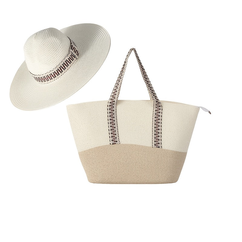 Summer Travel Set: 2pcs Wide Brim Straw Hat And Large Capacity Beach Bag with Zipper Closure, Perfect for Summer Outdoor Adventures, Camping, And Beach Vacation