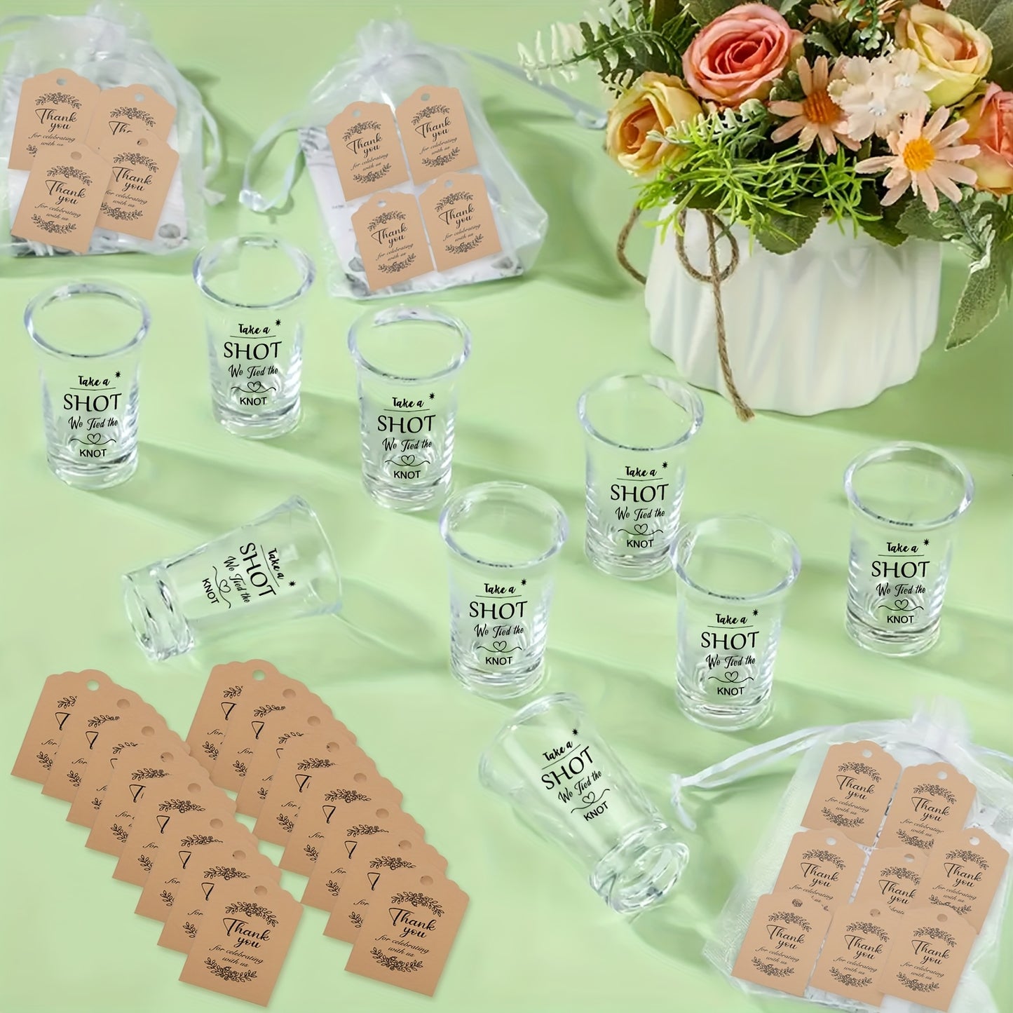90pcs/30 Sets Wedding Favors for Guests, Acrylic Clear Shot Glasses with Thank You Cards, Organza Bags And 'Take A Shot We Tied The Knot' Stickers for Engagement Bridal Shower Party Gift Souvenirs, Birthday Party, Multi-Item