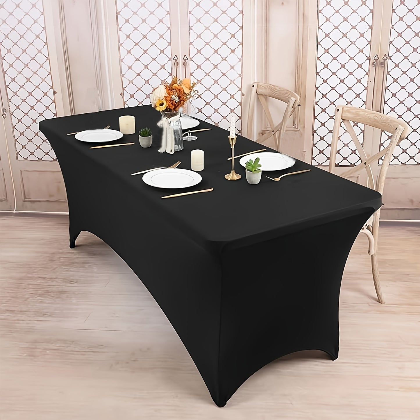 16pcs/Pack Of Rectangular 6ft Elastic Knit Fabric Table Covers, Black Color, Suitable for Decorating Dining Tables In Kitchens, Outdoor Events, Valentine's Day, Women's Day, Easter, Anti-wrinkle And Easy-to-clean Table Cover,
