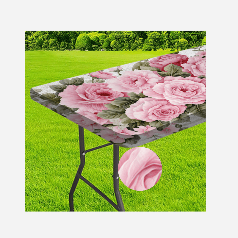 1pc, Rose Flower Printed Design Outdoor Tablecloth - Polyester Elastic Edge - Suitable for Camping, Picnics And Garden Parties, Bright Colors, Outdoor Table Set, Picnic Accessories, Can Be Used Indoors And Outdoors.