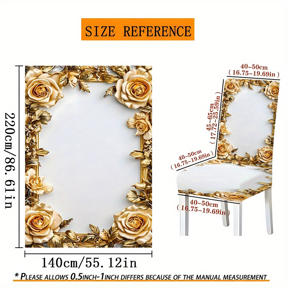 5pcs/ 7pcs luxury Golden flower pattern tablecloth and chair cover set, 5pcs (1 tablecloth 4 chair covers), 7pcs (1 tablecloth 6 chair covers), non-slip tablecloth chair cover, suitable for family gatherings, festive table an