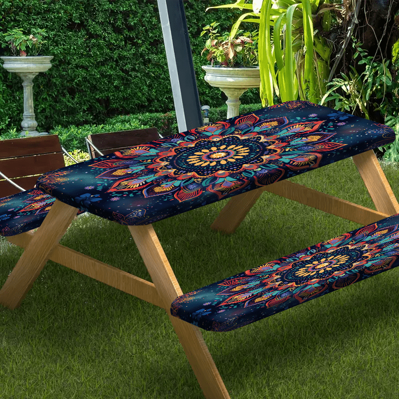 1/3pcs Outdoor Picnic Tablecloth Set (1 Tablecloth + 2 Stool Sets) Bohemian Style Colorful Floral Elastic Tablecloth, Edge Elastic Tablecloth, Suitable for Picnics, Camping, and Outdoor Activities