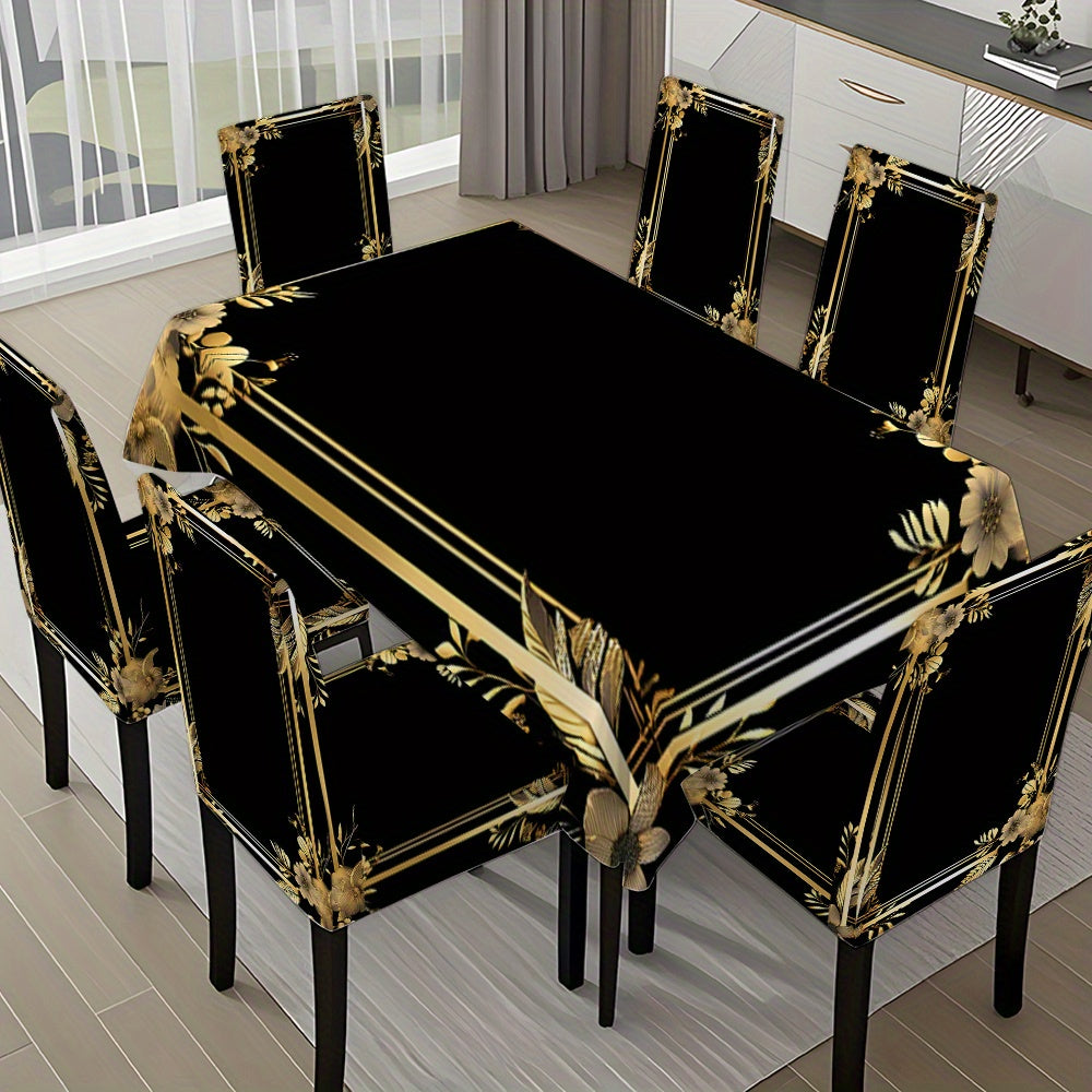 5pcs/ 7pcs Black Background Golden Frame Pattern Tablecloth And Chair Cover Set, 5pieces (1Tablecloth 4Chair Covers), 7pieces (1Tablecloth 6Chair Covers), Non-Slip Tablecloth Chair Cover, Suitable for Family Gatherings, Festi