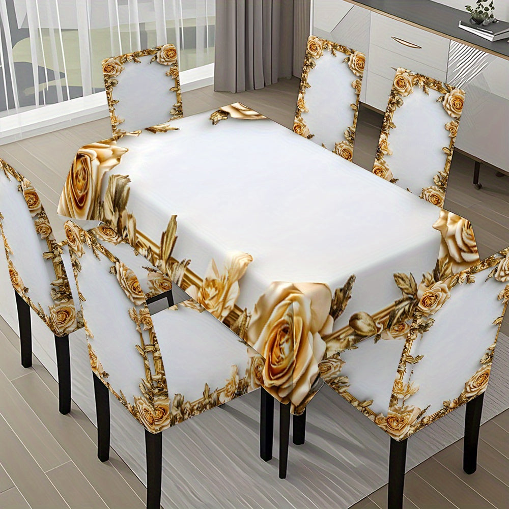 5pcs/ 7pcs luxury Golden flower pattern tablecloth and chair cover set, 5pcs (1 tablecloth 4 chair covers), 7pcs (1 tablecloth 6 chair covers), non-slip tablecloth chair cover, suitable for family gatherings, festive table an