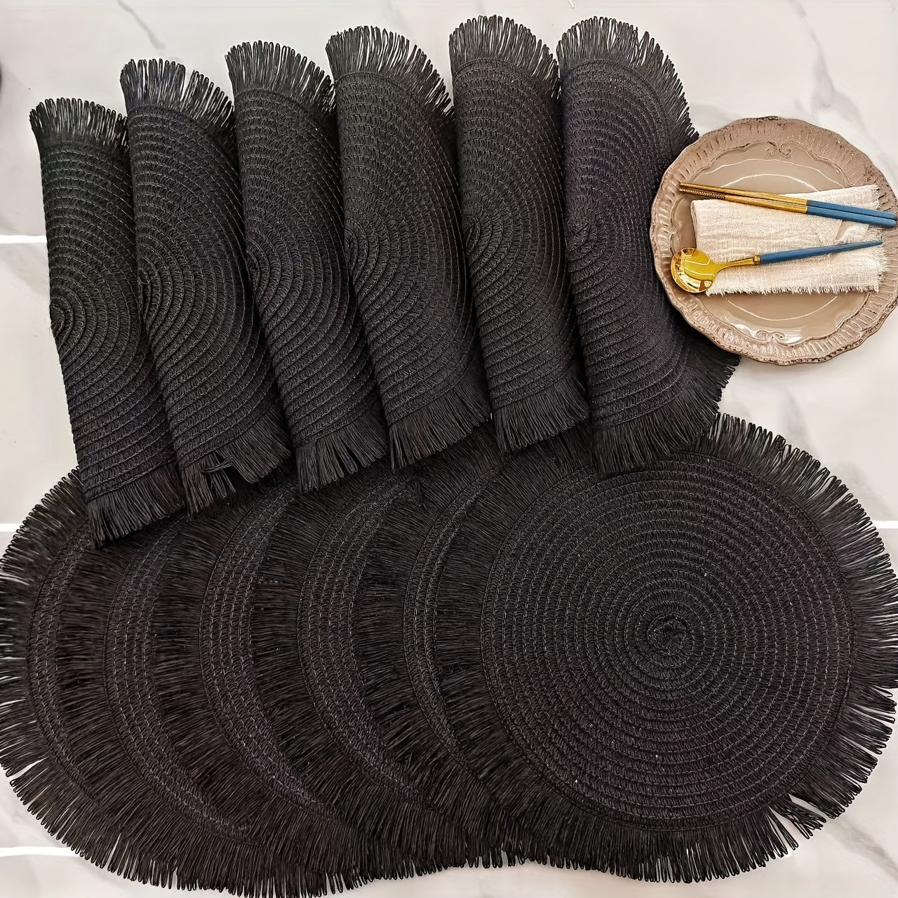 [12pcs Bohemian Linen Placemats]12pcs Bohemian-Style Round Placemats with Tassels, 6 Popular Colors, 15Inch Farmhouse Paper Placemats for Natural Farmhouse Table Family Gatherings Birthdays Party Decor, Heat-Resistant Protect