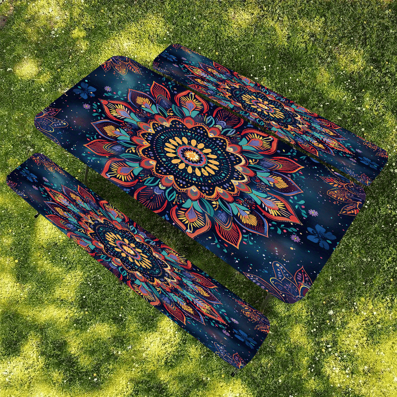 1/3pcs Outdoor Picnic Tablecloth Set (1 Tablecloth + 2 Stool Sets) Bohemian Style Colorful Floral Elastic Tablecloth, Edge Elastic Tablecloth, Suitable for Picnics, Camping, and Outdoor Activities