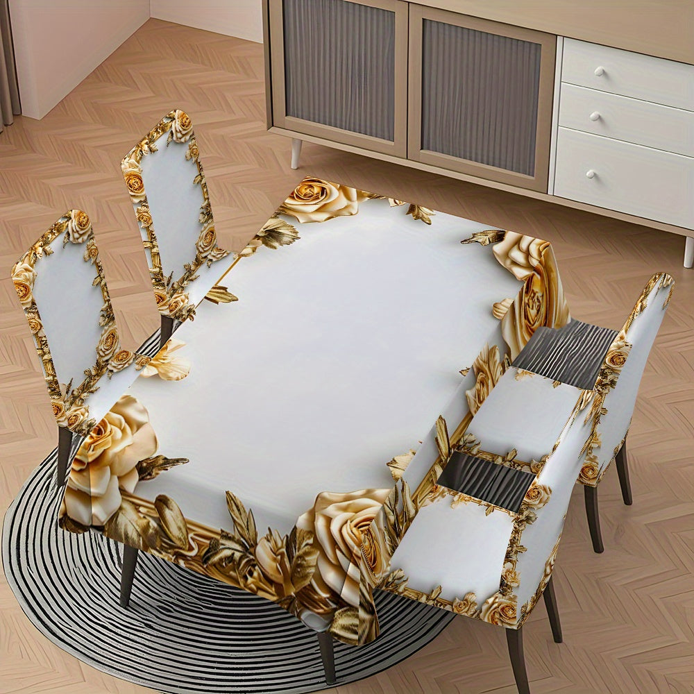 5pcs/ 7pcs luxury Golden flower pattern tablecloth and chair cover set, 5pcs (1 tablecloth 4 chair covers), 7pcs (1 tablecloth 6 chair covers), non-slip tablecloth chair cover, suitable for family gatherings, festive table an