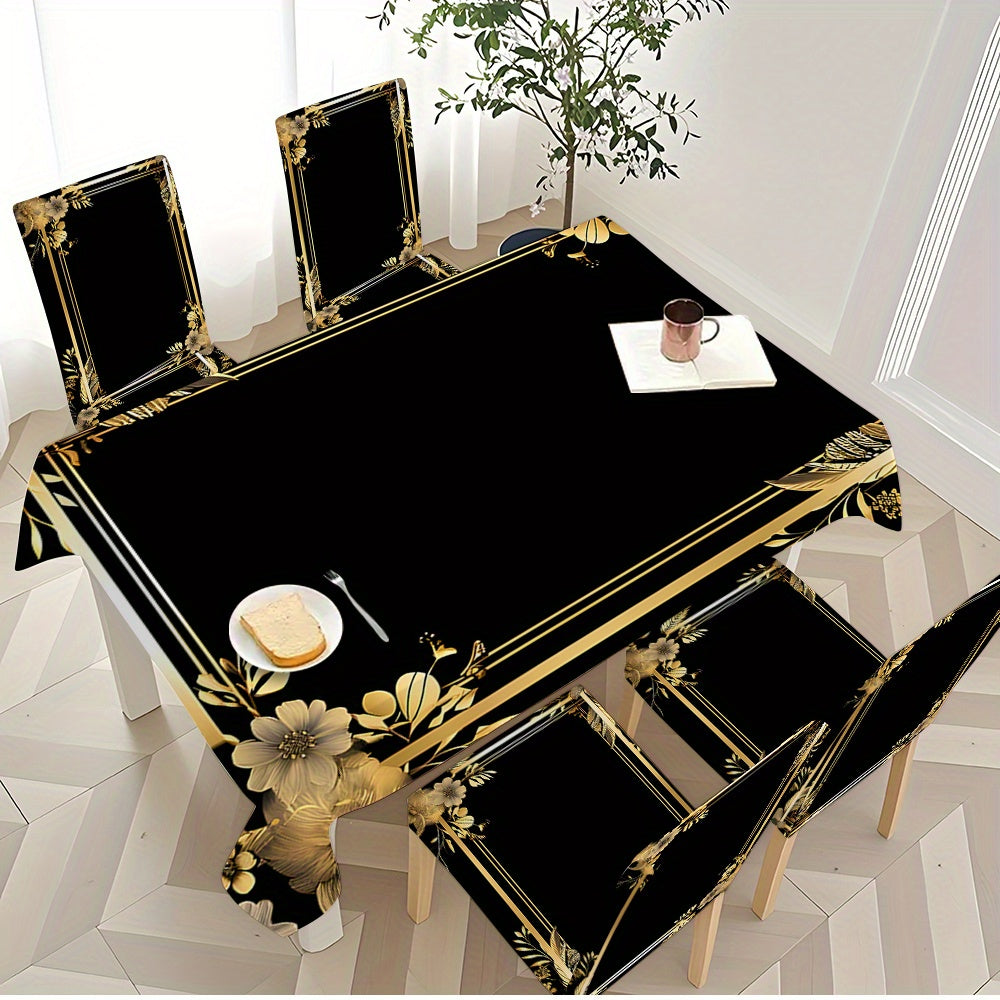 5pcs/ 7pcs Black Background Golden Frame Pattern Tablecloth And Chair Cover Set, 5pieces (1Tablecloth 4Chair Covers), 7pieces (1Tablecloth 6Chair Covers), Non-Slip Tablecloth Chair Cover, Suitable for Family Gatherings, Festi