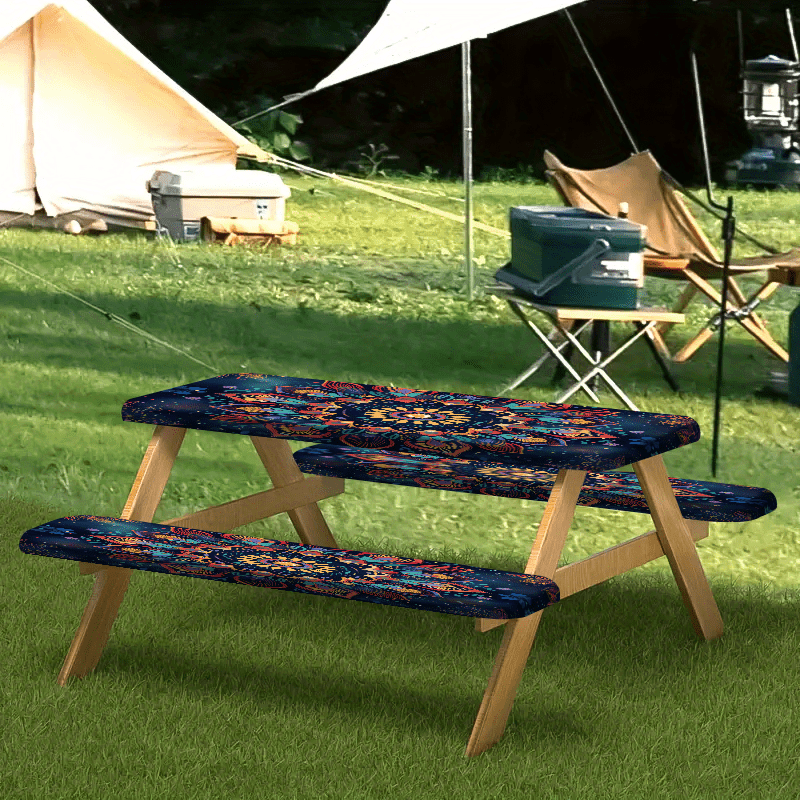 1/3pcs Outdoor Picnic Tablecloth Set (1 Tablecloth + 2 Stool Sets) Bohemian Style Colorful Floral Elastic Tablecloth, Edge Elastic Tablecloth, Suitable for Picnics, Camping, and Outdoor Activities