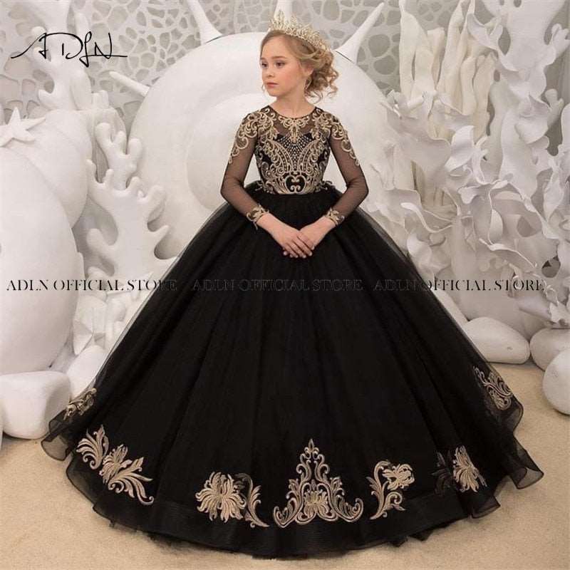 ADLN Holy First Communion Gowns Customized Black Ball Gown Flower Girl Dress With Sleeves Floor Length Pageant Party Gowns