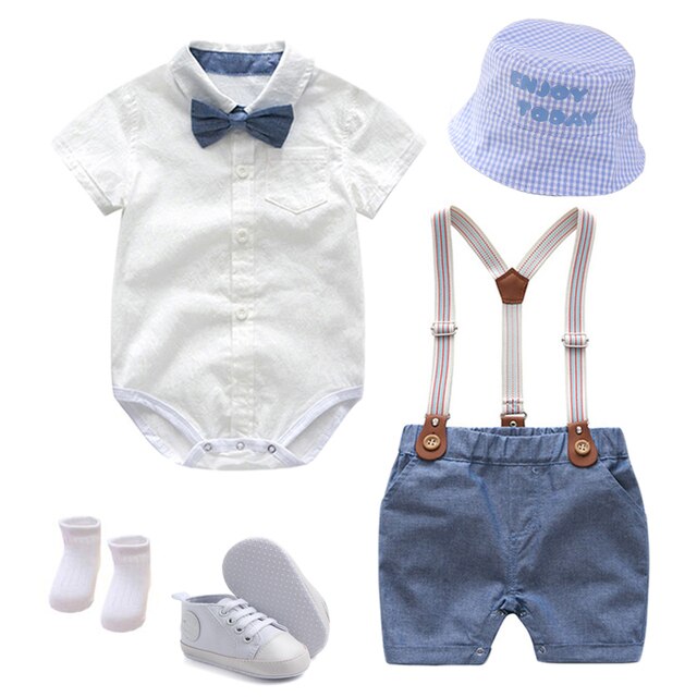 Baby Clothes Summer Boys Hat Suits New born Gentleman Party Costume Soft Cotton Jumpsuit + Shorts Baptism Dress Newborn Gift Set