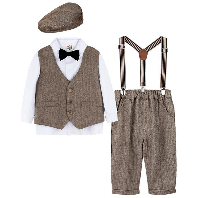 Baby Formal Outfit Infant Suit Newborn Gentleman Long Sleeve Overalls Toddler Birthday Wedding Party Gift Costume 5PCS