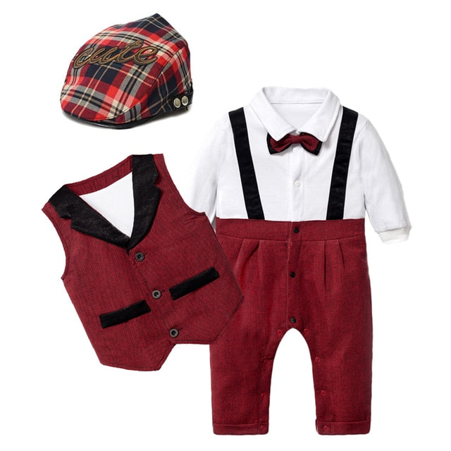 Baby Suits Newborn Boy Clothes Romper + Vest + Hat Formal Clothing Outfit Party Bow Tie Children Birthday Dress New Born 0- 24 M