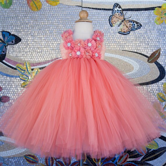 Beautiful Peach Flower Girl Dress for Wedding Party Coral Flower Girl Peach Tutu Dress Girls Birthday Outfit Baby Girl Clothes