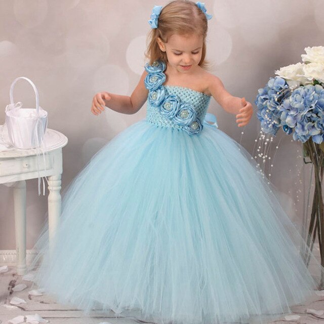 Blue Girl Dress Flower Causal Baby Girl Tutu Dress Birthday Wedding Performance Kids Clothing for Girls Size 2-10Y