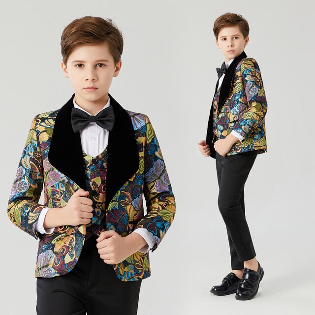 Children's Jacquard suit Flowers Boys Suits Wedding Formal Children Suit Tuxedo Dress Party clothing vest pant coat Costumes