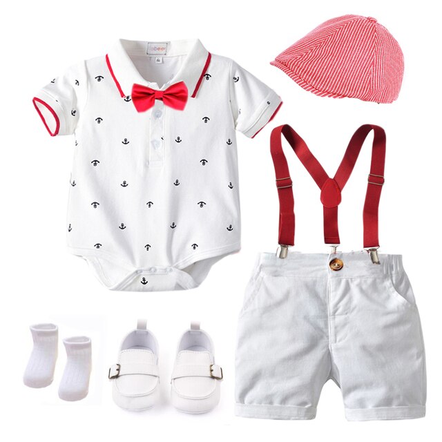 Cotton Boys Summer Newborn Clothes Set Birthday Dress White Infant Outfit Hat + Rompers + Bib Shorts + Shoes + Socks 6 PCS 0-18M