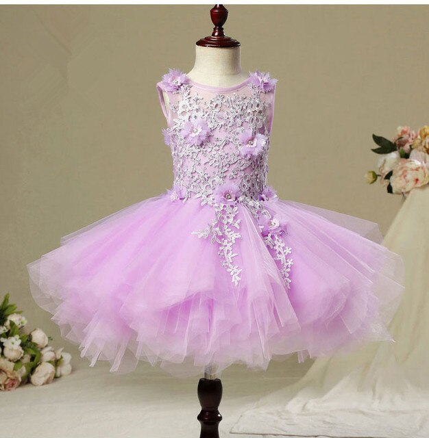 Elegant Long Trailing Appliques First Communion Dress Purple Tulle Ball Gown Kids Pageant Gown Flower Girl Dress for Weddings