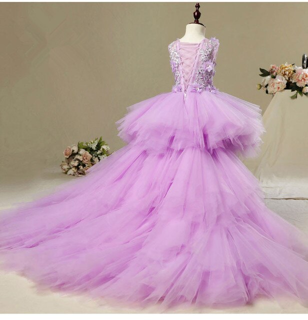 Elegant Long Trailing Appliques First Communion Dress Purple Tulle Ball Gown Kids Pageant Gown Flower Girl Dress for Weddings