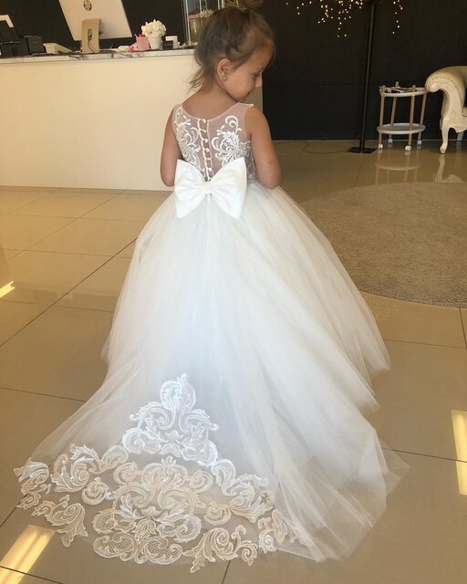 Vintage Buttons Bow Tulle Lace Wedding Party Girl Dress Train First Co – Top Super Deals Vintage Buttons Bow Tulle Lace Wedding Party Girl Dress Train First Co – Top Super Deals