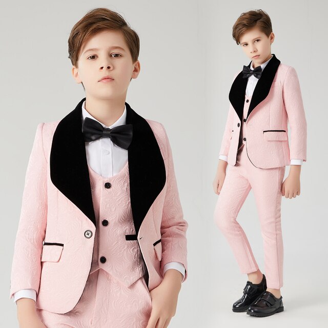 Flower Boys Formal   Pink Suit Kids Wedding Birthday Party Dress Blazer Vest Pants 3pcs Child Tuxedo Prom Performance Costume