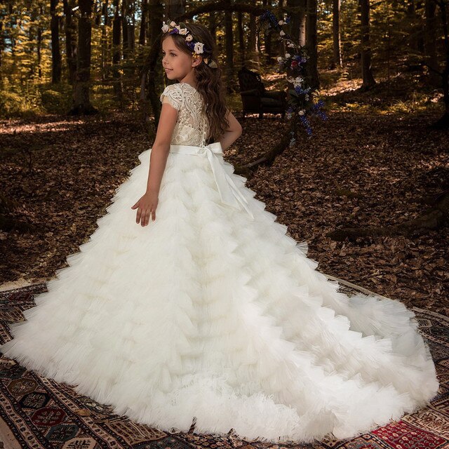 Flower Girl Dress Sweetheart Sleeveless Tulle Lace Applique Ruched Wedding Girl Dress Sweep Train Girl's Birthday Party Gown