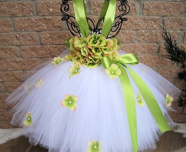 Girls Green Petals Tutu Dress Kids Flower Straps Dress Ball Gown with Ribbon Bow Children Christmas Wedding Party Costume Dress