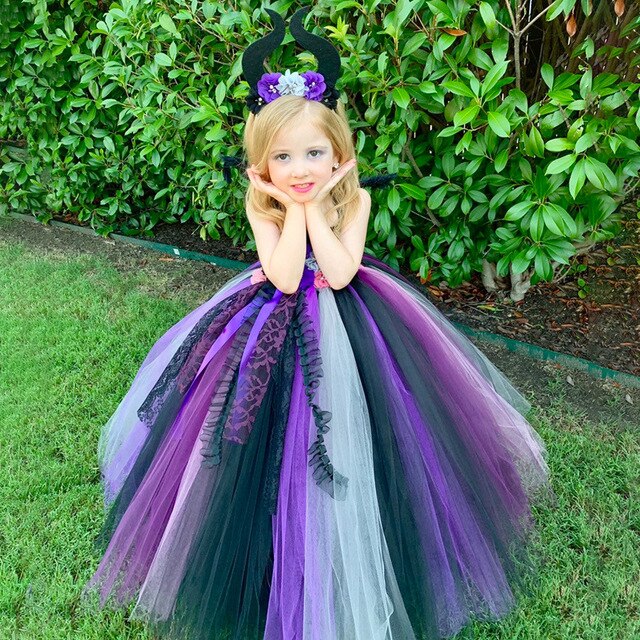Girls Maleficent Witch Flower Tutu Dress Kids Tulle Dress Ball Gown with Lace Ribbons Children Halloween Party Costume Dresses
