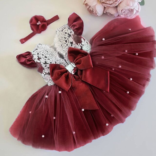 Girls Princess Bowknot Dress Toddler Baby Kids Ruffles Lace Tutu Wedding Birthday Costume Children Elegant Party Pink Clothes