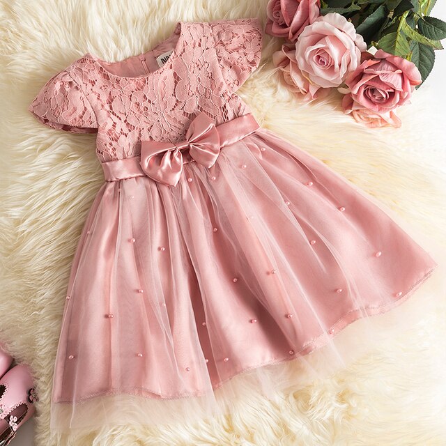 Girls Princess Bowknot Dress Toddler Baby Kids Ruffles Lace Tutu Wedding Birthday Costume Children Elegant Party Pink Clothes
