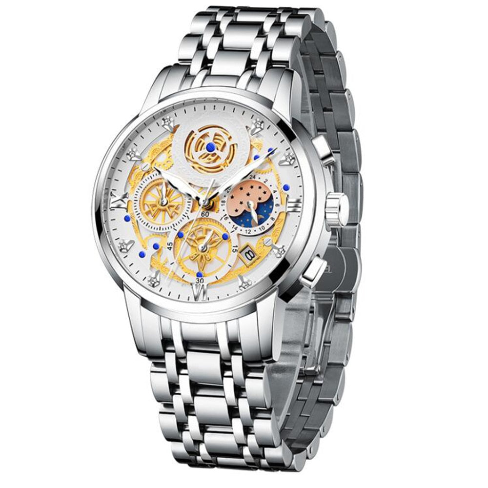 RELOGIOSLAND High Quality Mens Business Quartz Watch With Luminous Pointer Fashion Steel Wirstband Watch