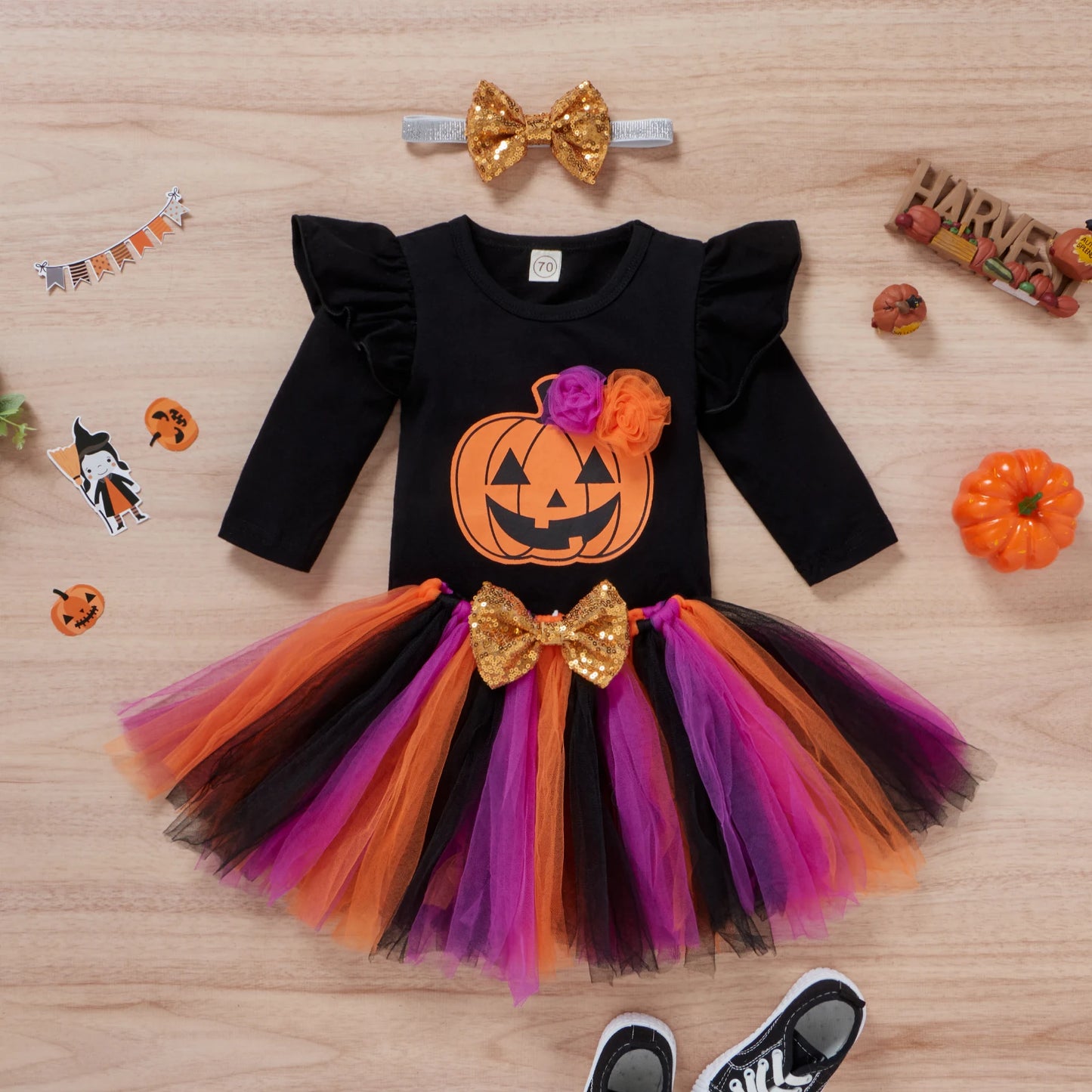 Infant Baby Girls Halloween Clothes Sets Pumpkin Tutu Skirts Bow Headband 3pcs