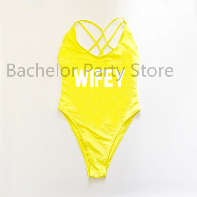 WIFEY Letter Print One Piece Swimsuit Swimwear Women Cross Back Bathing Suit Beachwear-bikini-Top Super Deals-YEWH-XL-Free Item Online
