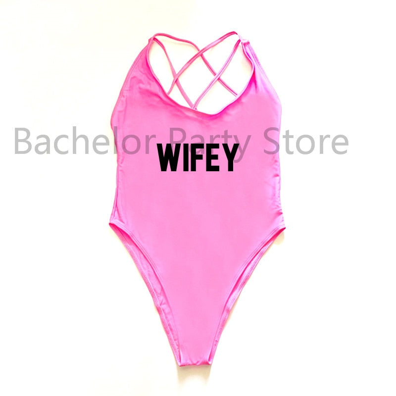 WIFEY Letter Print One Piece Swimsuit Swimwear Women Cross Back Bathing Suit Beachwear-bikini-Top Super Deals-PIBK-S-Free Item Online