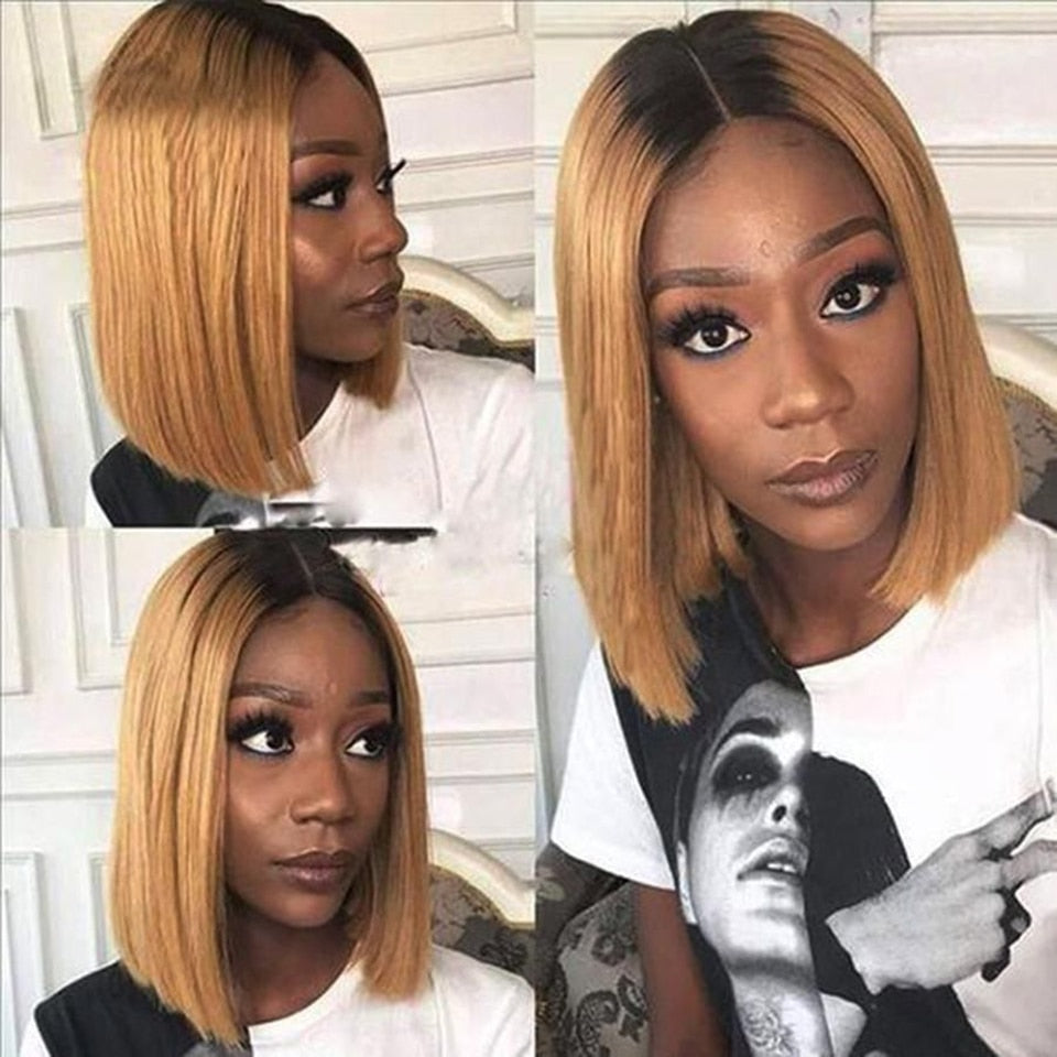 Straight Short Bob Human Hair Wigs Brazilian Ombre Blonde Bob Wig Lace Front Human Hair Wigs Blunt Cut Bob Wigs For Black Women