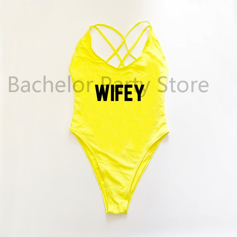 WIFEY Letter Print One Piece Swimsuit Swimwear Women Cross Back Bathing Suit Beachwear-bikini-Top Super Deals-YEBK-XL-Free Item Online