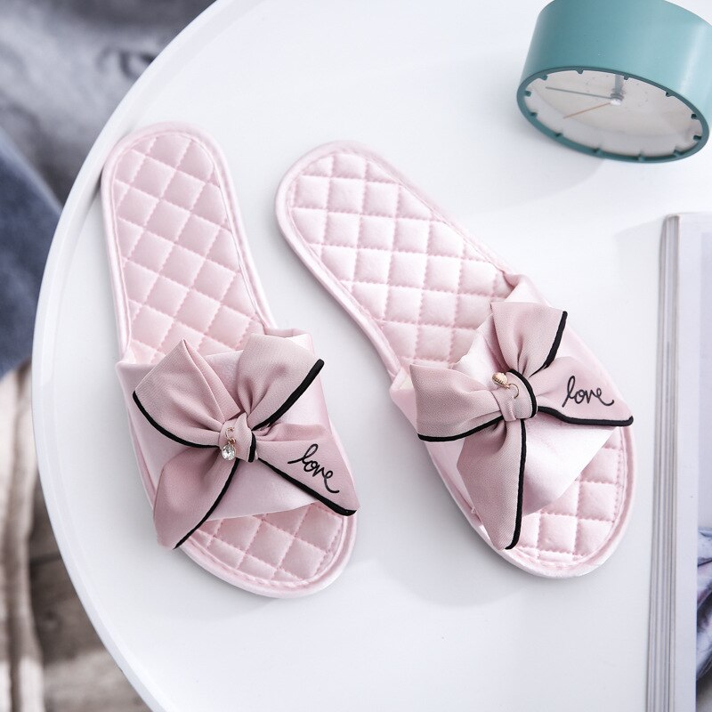 Women Indoor Silk Slippers Butterfly-knot Bowtie Light Comfy Flats Open Toe Home Slides House Causal Fashion Cute Shoes Ladies