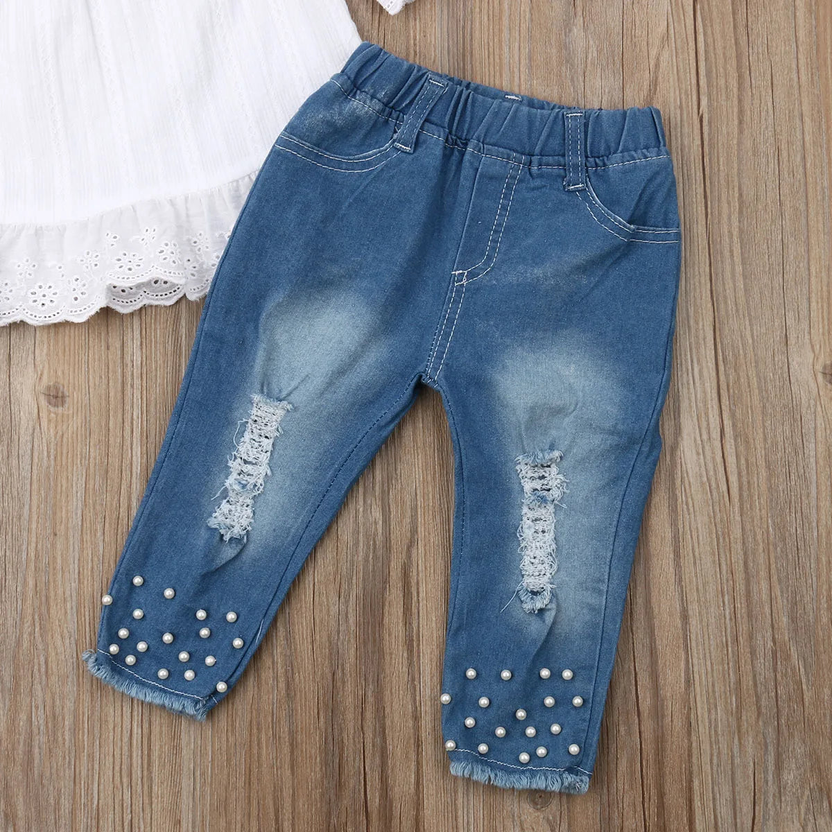 1-6Y Toddler Kids Baby Girls Clothes Sets White Off Shoulder Tops T-shirt Denim Long Pants Jeans Trouser For Girl Outfits
