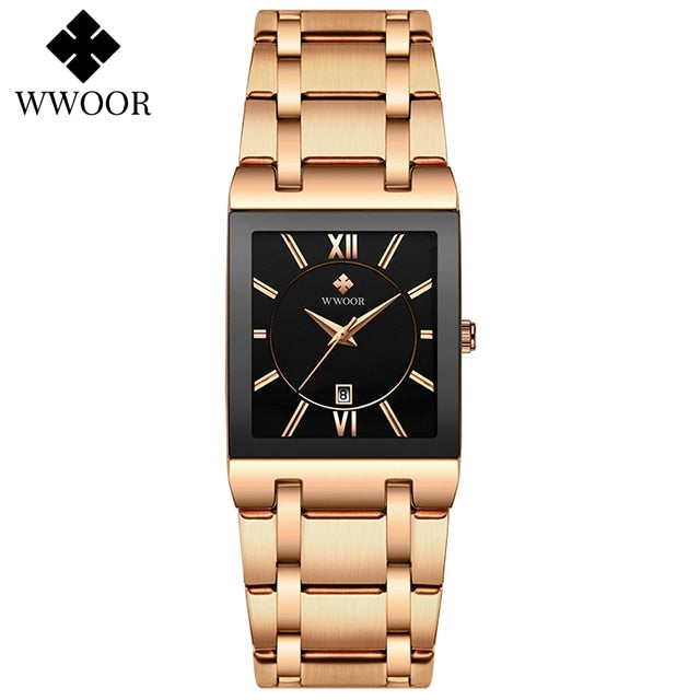 WWOOR Ladies Fashion Watches Top Brand Luxury Square Dress Black Gold Quartz Wrist Watch Stainless Steel Waterproof Women Watch