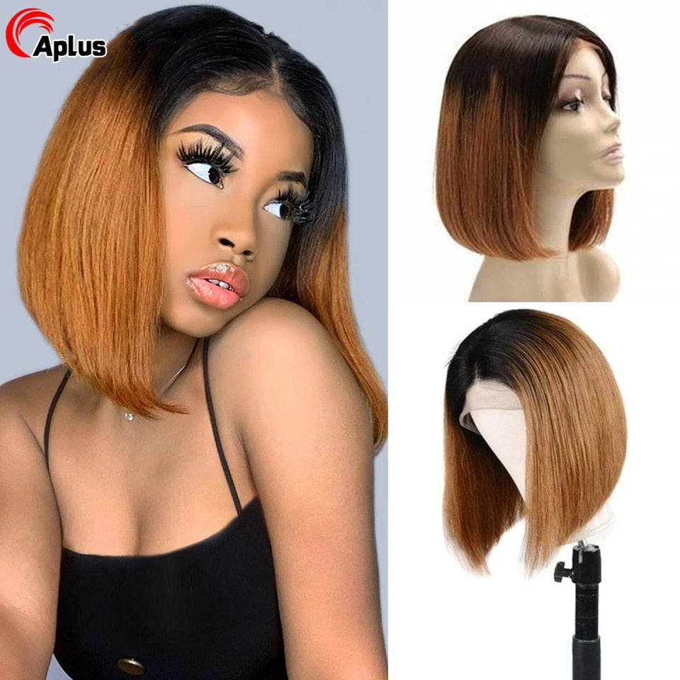 Straight Short Bob Human Hair Wigs Brazilian Ombre Blonde Bob Wig Lace Front Human Hair Wigs Blunt Cut Bob Wigs For Black Women