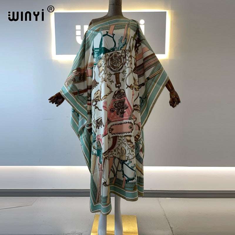 Africa Fashion Blogger Recommend Popular printed Silk Kaftan Maxi dresses Loose Summer Beach Bohemian kaftan long dress for lady