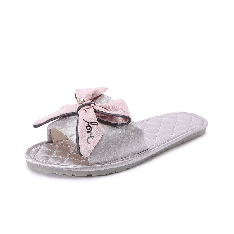 Women Indoor Silk Slippers Butterfly-knot Bowtie Light Comfy Flats Open Toe Home Slides House Causal Fashion Cute Shoes Ladies