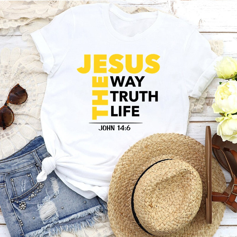 Jesus The Way Truth Life Printed New Style Women T Shirt Christian Religion Slogan Tops Believer Pray God Lady Summer Clothes